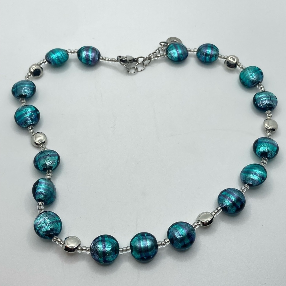ANTICA Murrina Frida Metallic Blue Green Murano Glass Necklace 17” + 2”